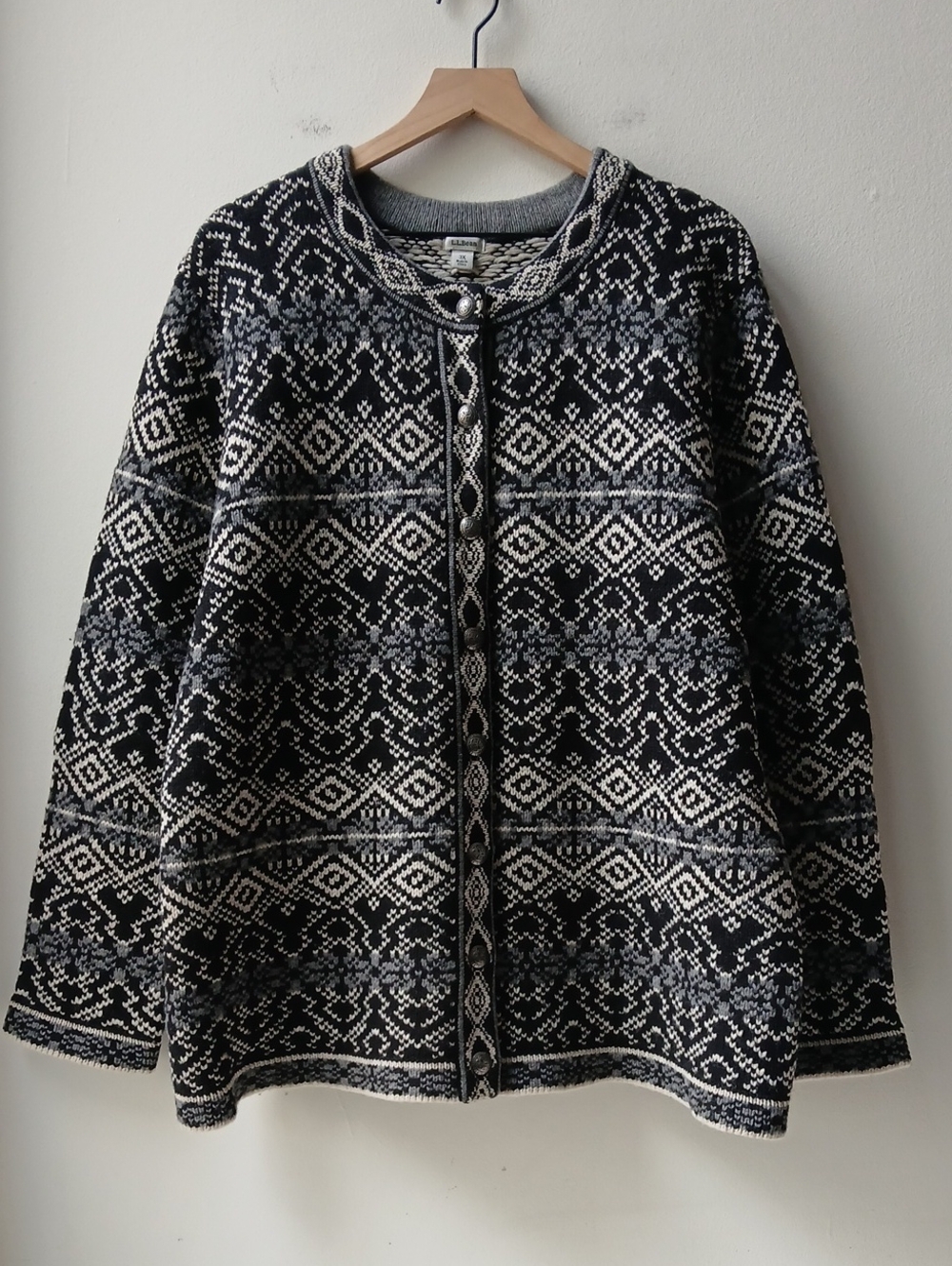 L.L. Bean Fair Isle Cardigan Sweater Black White Women's 3X